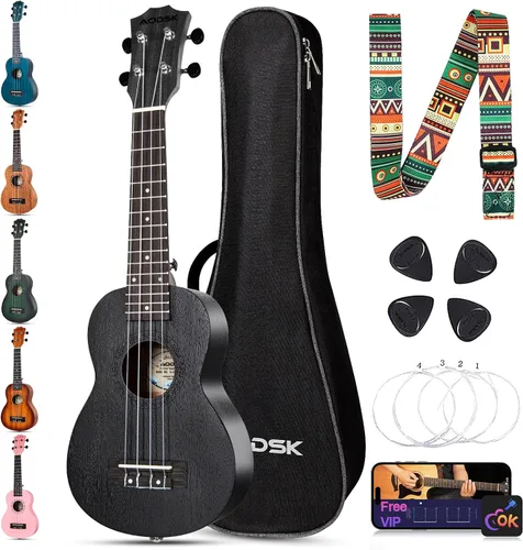 Miniatura 13 de AODSK Ukelele negro de concierto para principiantes de 23 pulgadas con correa para bolsa de concierto, cuerda de nailon, 4 púas, regalo de vacaciones