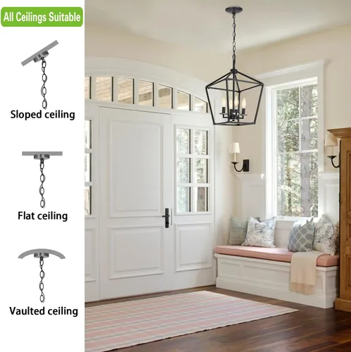 Miniatura 2 de Untrammelife Lámpara colgante de linterna negra de 4 luces, lámpara colgante de jaula cuadrada de altura ajustable de 11 pulgadas de ancho, lámpara