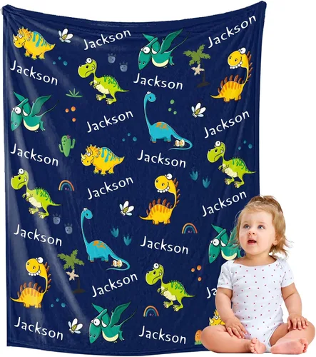 Miniatura 32 de YESCUSTOM Manta de dinosaurio para niños y niñas, manta personalizada de vellón con nombre para decoración de dormitorio de niños, sofá, coches