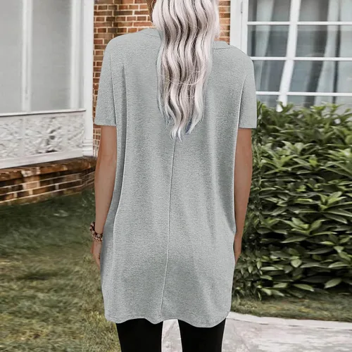 Miniatura 4 de Hugncmy Womens Summer Casual Solid Loose Pullover Crewneck Shirts Short Sleeve Tunic Tops Blouse with Pockets Space Short