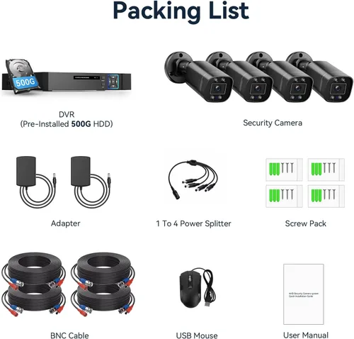 Miniatura 9 de Sistema de cámara de seguridad con cable para exteriores, 4 cámaras de vigilancia CCTV Bullet para seguridad del hogar, 4CH AHD TVI 5MP Lite DVR