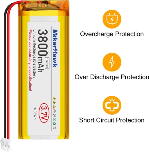 Miniatura 5 de MakerHawk Batería LiPo de 3.7 V 3800 mAh recargable 1S 3C 113386 Batería de polímero de litio con placa de protección de batería dual, enchufe micro