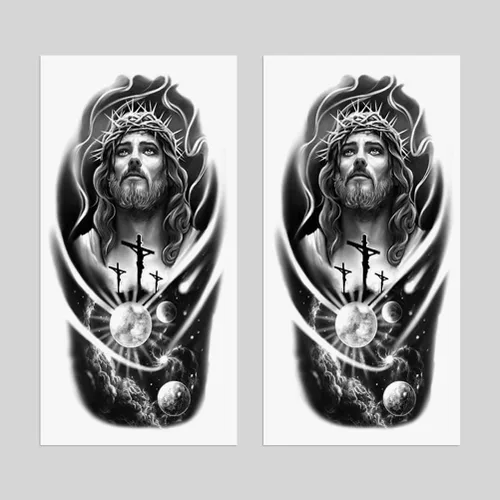 Miniatura 2 de 2 hojas de tatuajes temporales con cruz y luna de Jesús para adultos, espirituales religiosos, tatuajes falsos realistas, nebulosa galaxia en blanco