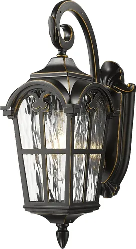 Emliviar Aplique de Pared Vintage para Exteriores con Vidrio de Ondas de Agua, Linterna de Pared para Porche Delantero de 17.5", Acabado Negro con