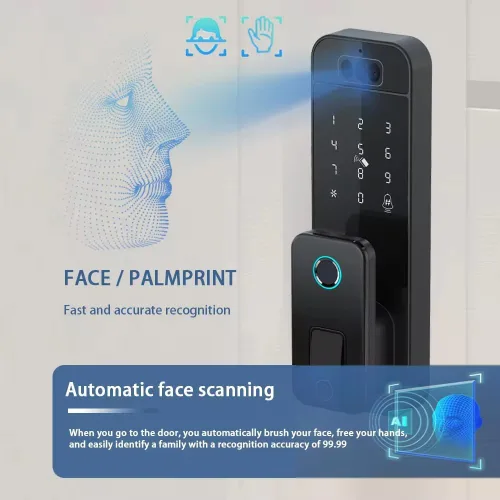 Miniatura 2 de Cerradura de puerta inteligente con reconocimiento facial y timbre, entrada sin llave 7 en 1, vena de palma, huella digital, contraseña, tarjeta IC