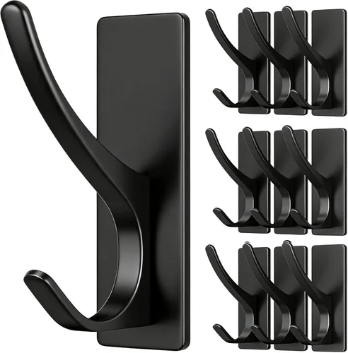 Paquete de 10 ganchos autoadhesivos para colgar abrigos, dobles, de acero inoxidable, resistentes, para toallas, mochilas, sombreros, baño, Negro