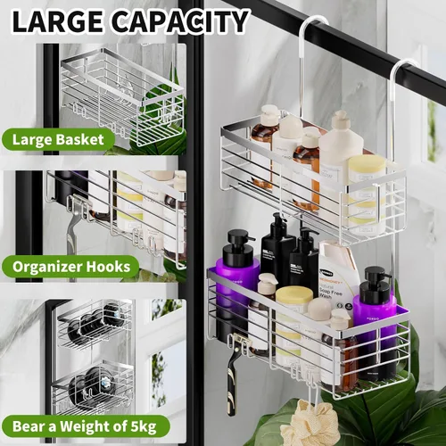 Miniatura 3 de SHANSHUI Organizador de Ducha Colgante, Organizador Doble para Baño, Cesta Organizadora de Ducha, Soporte para Champú, Estante de Ducha sobre Puerta