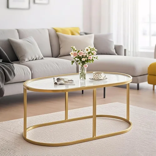 Miniatura 14 de Mesa de centro de cristal dorado Mesas de centro para sala de estar, Mesa ovalada Mesa central con marco de metal resistente, Mesas decorativas