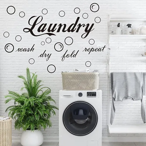 Miniatura 2 de 23 calcomanías de vinilo de pared características para cuarto de servicio, con texto en inglés "Wash Dry Fold Repeat Repeat", calcomanías