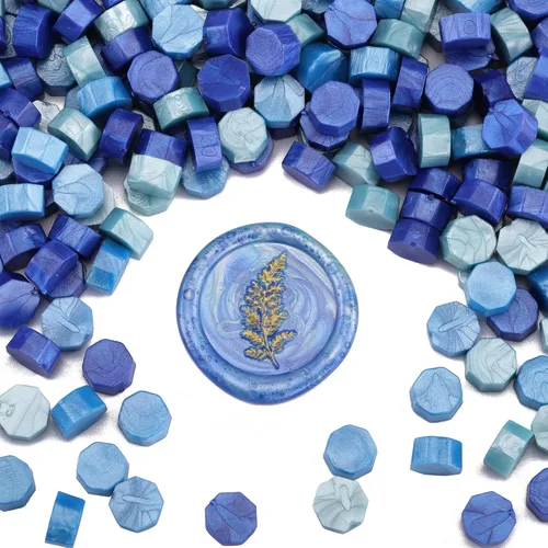 Miniatura 3 de Yoption 300 cuentas de cera selladora de mezcla azul, cuentas octágonas vintage con 4 velas y 2 cucharas de fusión para sello (mezcla azul)