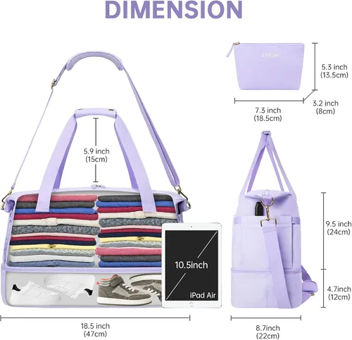Miniatura 6 de Bolsa de viaje para mujer y hombre, púrpura, (E-Purple), Bolsa de fin de semana con puerto de carga USB