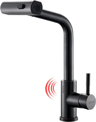 Miniatura 10 de GIMILI Grifo de cocina sin contacto de acero inoxidable negro con rociador extraíble, 15 pulgadas de alto con mango de un solo orificio Grifos
