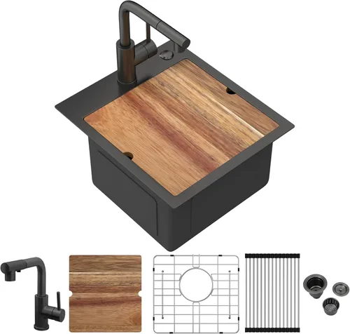 Miniatura 38 de Fregadero de cocina de 25 pulgadas, fregadero de un solo cuenco, color negro mate, calibre 18, 25 x 22 pulgadas, acero inoxidable, montaje superior