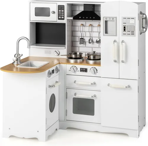 Miniatura 10 de HONEY JOY Juego de cocina esquinera para niños, cocina de madera para niños pequeños, dispensador de agua, microondas, campana extractora