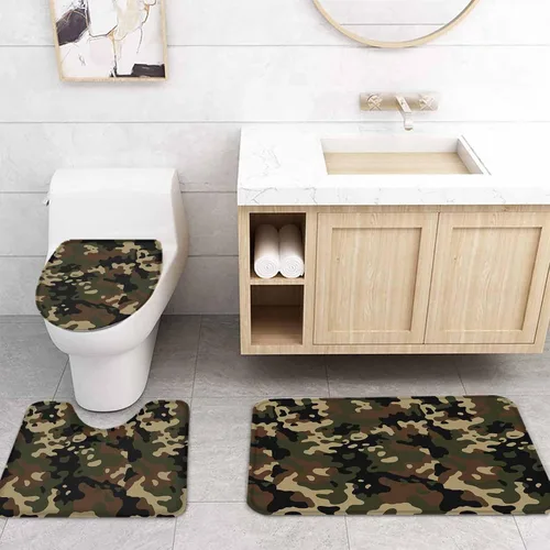 Miniatura 4 de Juego de 4 cortinas de ducha de camuflaje con alfombra antideslizante, cubierta para tapa de inodoro, tapete de baño y 12 ganchos, juego de cortina