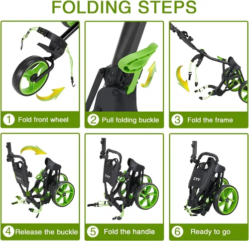 Miniatura 5 de KVV Carrito de empuje de golf de 3 ruedas ultra ligero tamaño plegable más pequeño, soporte para tarjeta de puntuación de nueva versión Negro/Lime