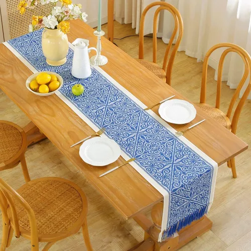 Miniatura 2 de Camino de mesa auxiliar floral para sala de estar, cocina, casa de campo, camino de mesa de comedor con flecos, rectangular, resistente al calor