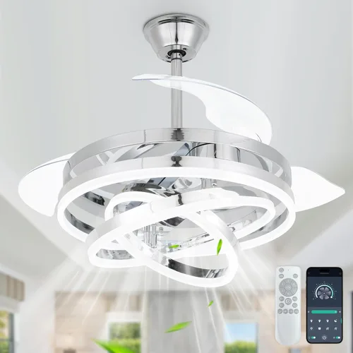 Miniatura 12 de Ventilador de techo de 52 pulgadas con luces y control remoto, moderno ventilador de techo plateado, lámpara LED, silenciosa, reversible, motor