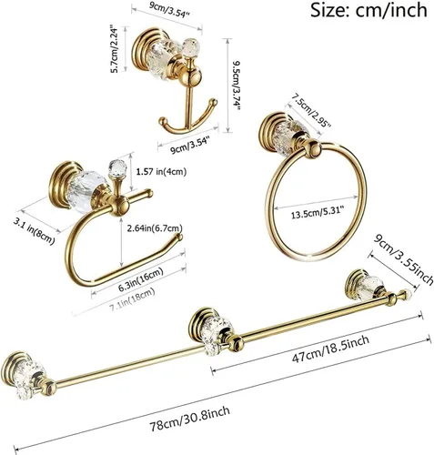 Miniatura 2 de WOLIBEER Accesorios de baño dorados, juego de barra de toalla de cristal de latón, soporte de papel higiénico, toalla, anillo, ganchos para bata, 4