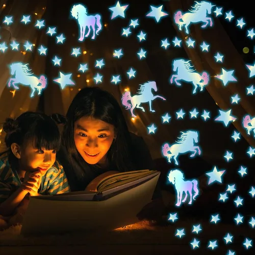 Miniatura 3 de Calcomanías de pared de unicornios que brillan en la oscuridad, unicornios, estrellas, calcomanías de pared para decoración de dormitorio de bebés