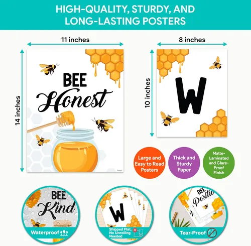 Miniatura 4 de Decorably 15 carteles de bienvenida con temática de abejas para aulas, escuela primaria, secundaria, inspirador, laminado mate con diseño vibrante