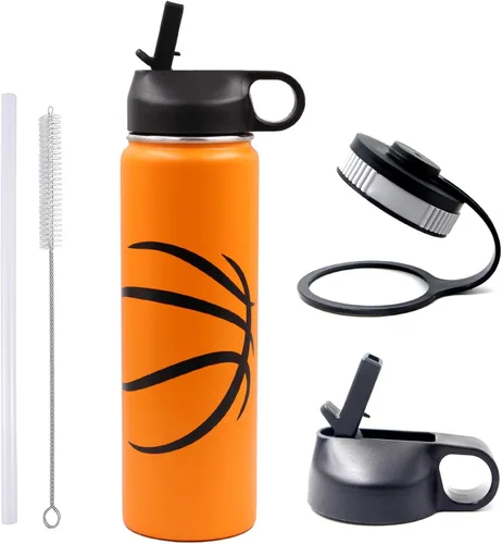Miniatura 8 de Botella de agua de béisbol de 18 onzas, botella deportiva de boca ancha, vaso de viaje de metal con 2 tapas, botellas de agua aisladas al vacío