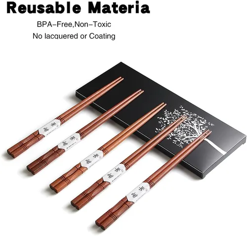 Miniatura 7 de AOOSY - Juego de 5 pares de palillos reutilizables de madera natural, palillos de palisandro tallados a mano, aptos para lavavajillas, Palillos