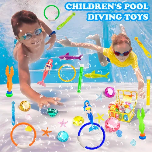 Miniatura 4 de Rileryan Juego de 36 juguetes de buceo en la piscina para niños, anillos de buceo y palos, juguetes de natación, tesoros piratas, gemas de cofre