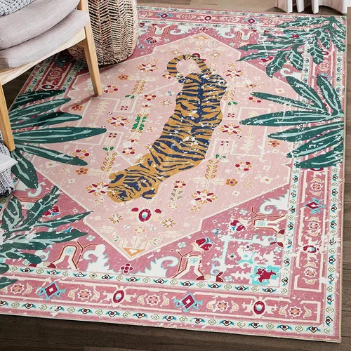Miniatura 11 de Alfombras hippie, alfombras de 2 x 3 de lana sintética tropical rosa boho para baño, cocina, entrada interior pequeña. Alfombra moderna vintage