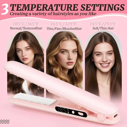 Miniatura 4 de Plancha y rizador de pelo inalámbrico 2 en 1 con pantalla LCD, plancha plana portátil de 30 W para viajes, 3 ajustes de calor (293.0-365.0 °F)