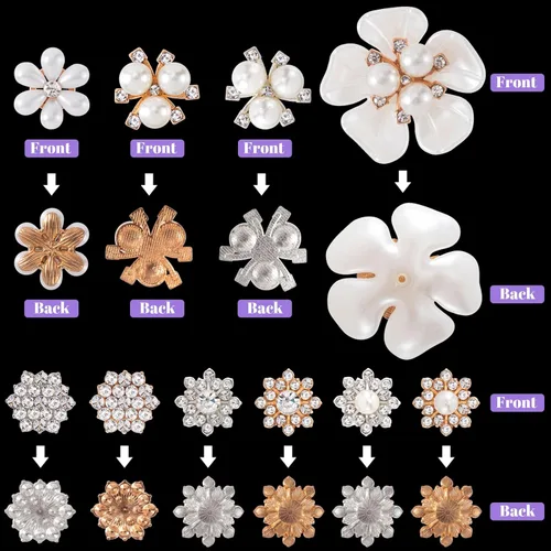 Miniatura 4 de HINZIC 40 piezas de botones de diamantes de imitación de perlas, broches de flores, adornos dorados y plateados, dijes decorativos de boda