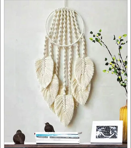 Miniatura 2 de Tapiz de macramé tejido de algodón, atrapasueños, tejido a mano con borlas de plumas, adorno para manualidades, dormitorio, sala de estar, Beige