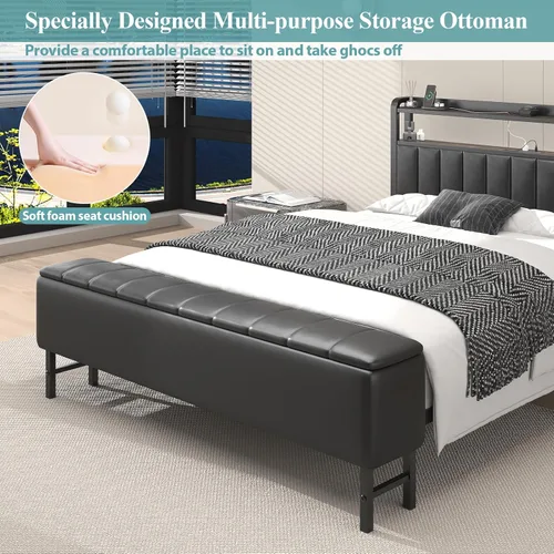 Miniatura 8 de Base de cama de tamaño matrimonial con proyector de estrellas y estación de carga, plataforma tapizada de piel sintética con cabecera de Negro