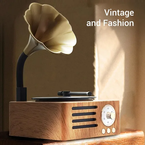 Miniatura 4 de Altavoz de tocadiscos vintage, tocadiscos portátil de grano de madera, altavoz Bluetooth con bocina de cobre, función de radio FM, diseño compacto
