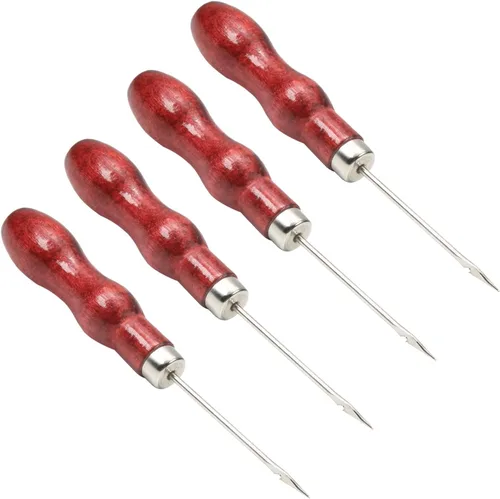 Miniatura 8 de Auniwaig Punzón de cuero para coser con mango de madera, perforador, costura, costura, rasguño, mango largo, herramienta sólida para artesanía