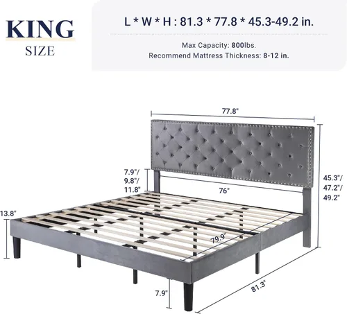 Miniatura 6 de Allewie Base de cama tapizada de terciopelo tamaño King con botón de diamante ajustable y cabecera con ribete de clavos, soporte de listones de Gris