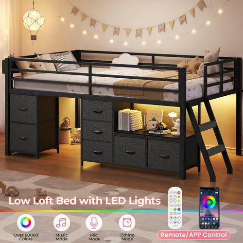 Miniatura 6 de ADORNEVE Cama baja tipo loft tamaño individual con 7 cajones de almacenamiento, estantería y luces LED, cama alta de metal para niños con barandilla