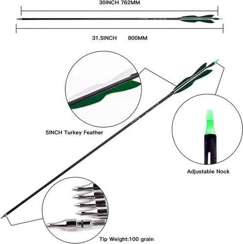 Miniatura 7 de LWANO Flechas de caza de carbono de 31 pulgadas, flechas de práctica con plumas de pavo de 5 pulgadas, 500 para arco recurvo y arco compuesto 7.8MM