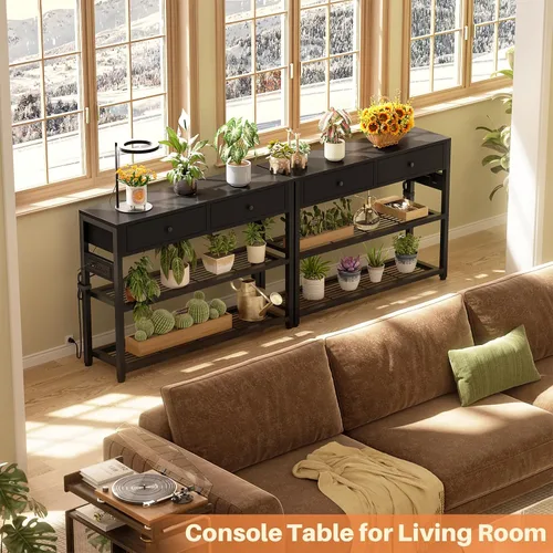 Miniatura 8 de Ecoprsio Mesa de Entrada con Tomacorrientes y Puertos USB, Mesa Consola con 2 Cajones, Mesa de Sofá Pequeña con Estantes de Almacenamiento para Sala