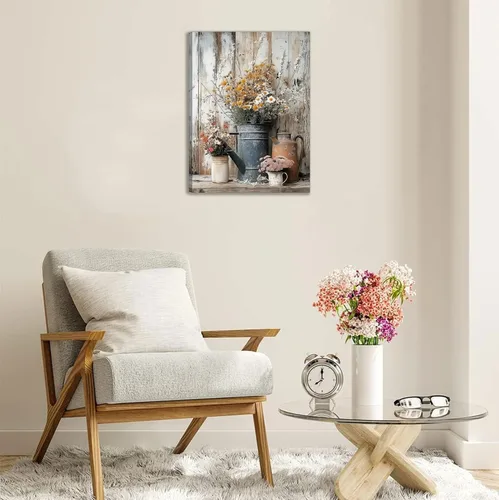 Miniatura 6 de Lienzo rústico con margaritas y margaritas, arte de pared, pintura campestre neutra, decoración de pared, flores, naturaleza muerta, botánica