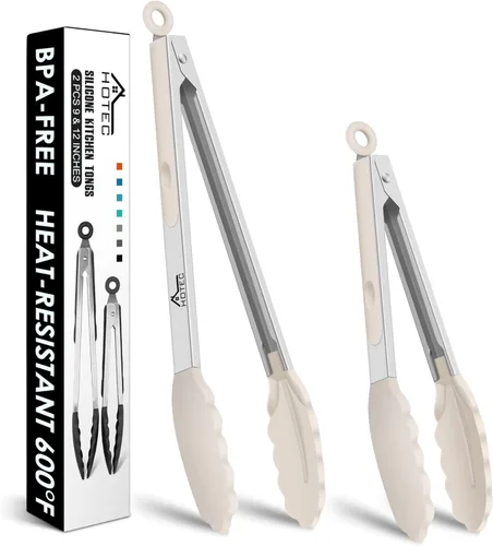 Miniatura 29 de HOTEC Pinzas de Cocina Premium de Acero Inoxidable con Bloqueo con Puntas de Silicona, Juego de 2-9" y 12" Gris Claro Paquete de 2: gris claro
