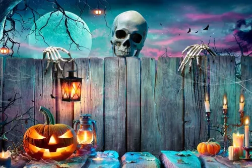 Miniatura 10 de Renaiss Telón de fondo de Halloween con telaraña, árboles, lámpara de calabaza, bosque sombrío, fotografía, fondo espeluznante, luz de luna