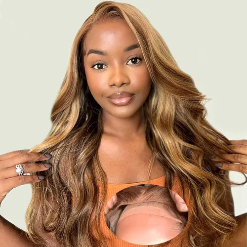SPOU Pelucas de cabello humano con encaje frontal de 13 x 6 pulgadas, color rubio miel 4/27, densidad del 180%, peluca ondulada para mujer, peluca