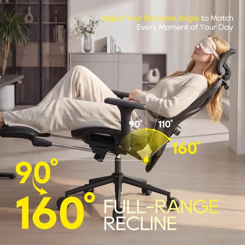Miniatura 2 de CYKOV Silla de oficina ergonómica con reposapiés, soporte lumbar ajustable y reposacabezas, silla de computadora reclinable de malla de 90-160°