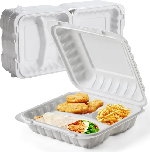 Contenedores de Alimentos de 8" 34 oz Paquete de 55 - Plástico PP Relleno de Minerales 3 Compartimentos | Envuelto en Plástico Retráctil Grado