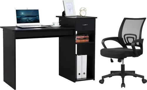 Yaheetech Juego de escritorio y silla moderno para oficina en casa, escritorio para computadora con cajón y estantes con silla de oficina ergonómica