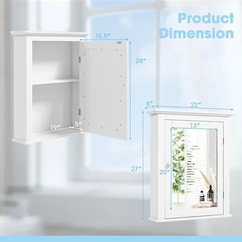 Miniatura 3 de Botiquín blanco con espejo, almacenamiento ajustable montado en la pared para baño, sala de estar, dormitorio, entrada y cocina