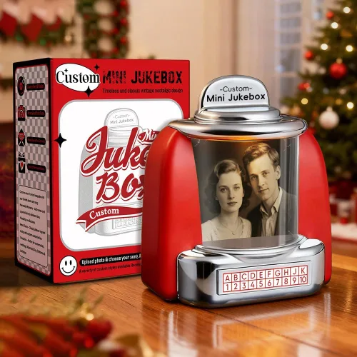 Mini Jukebox Retro Altavoz Personalizado – Reproductor de Música Personalizado con Foto, Nombres y Fecha con Radio | Decoración Vintage de Mesa para