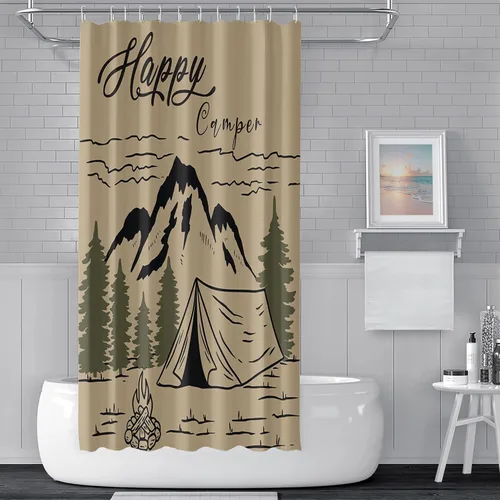 Miniatura 27 de Cortina de ducha Happy Camper de 48 x 72 pulgadas, diseño de caricaturas, remolque, hoguera, aventura al aire libre, cortina de baño para decoración