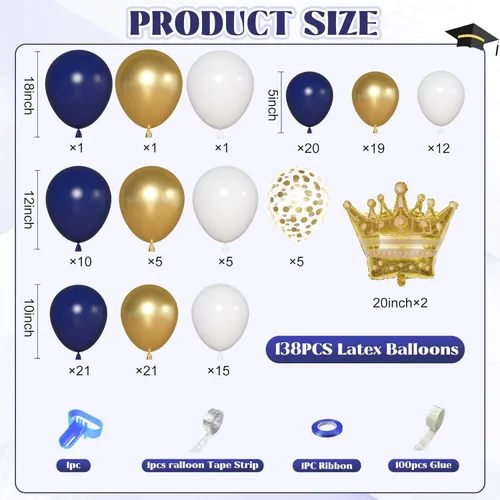 Miniatura 2 de Ouddy Life Kit de arco de guirnalda de globos azul marino y dorado, decoraciones de graduación de 2026, globos de confeti dorado y blanco, corona